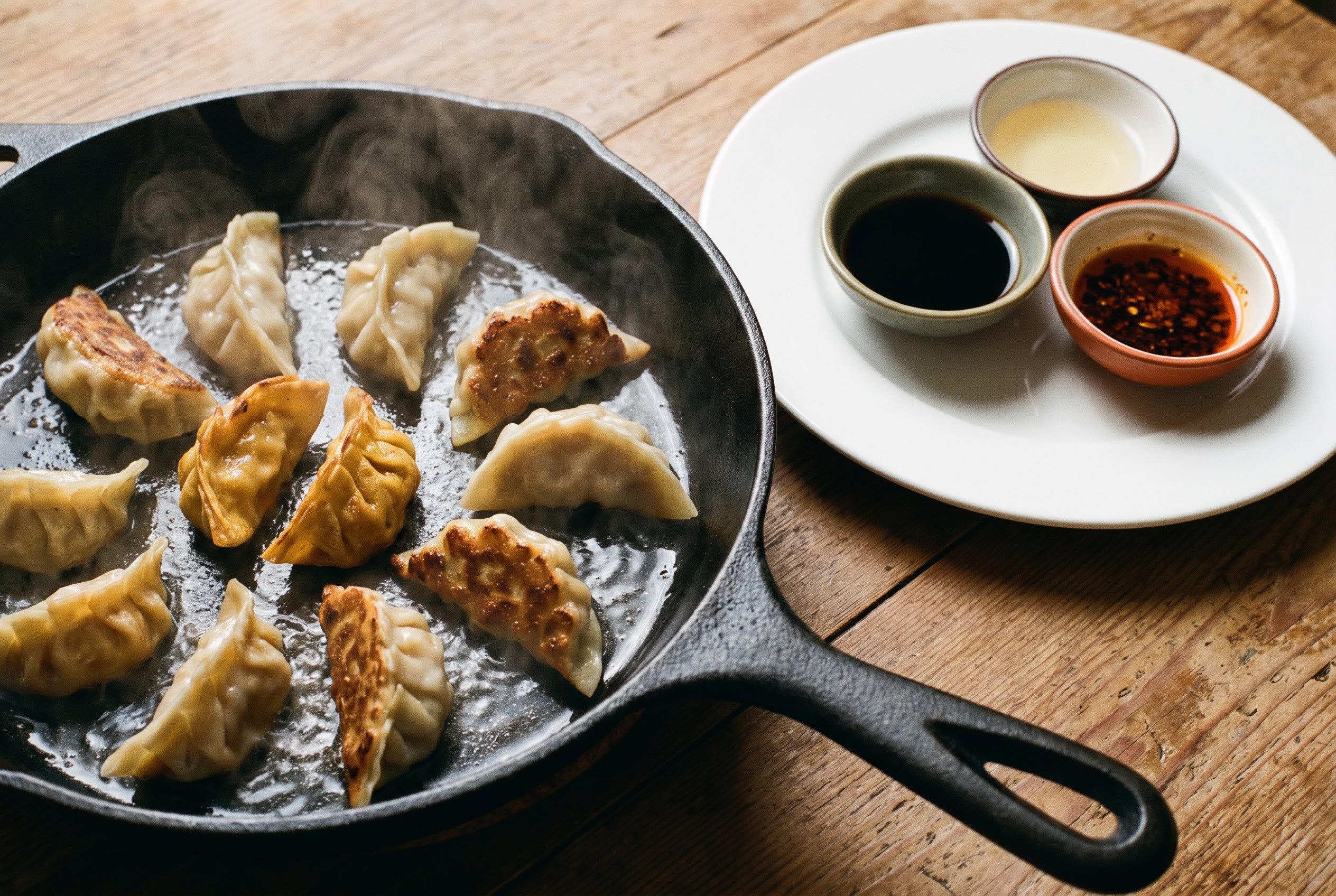 願い付きの皮がよく焼けた餃子が並ぶフライパン。