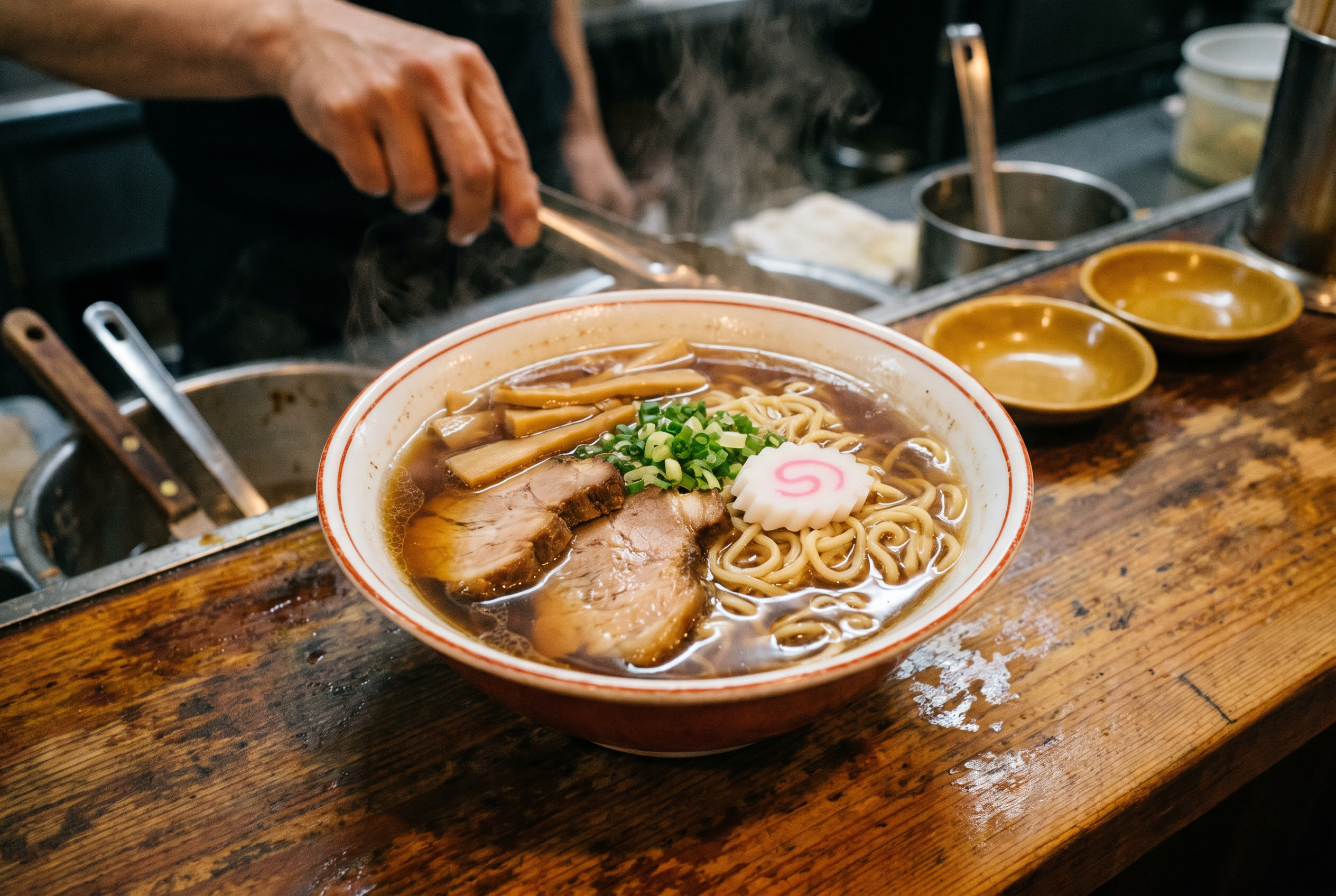 澄んだ醤油スープのラーメンに、湯気が立っている。