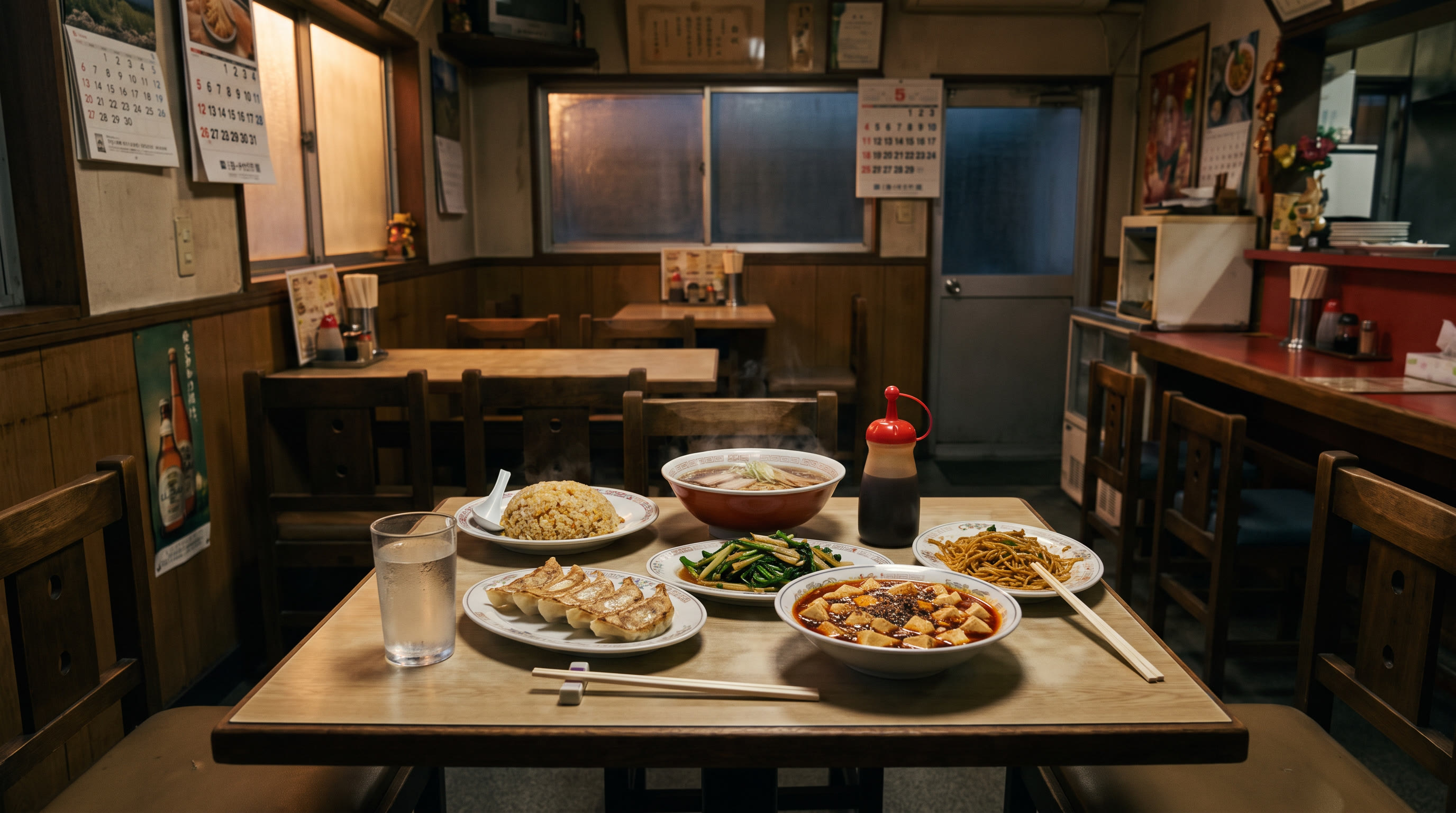 ラーメン、炒飯、餃子、春雨、麻婆豆腐が並んだ小さな卓。