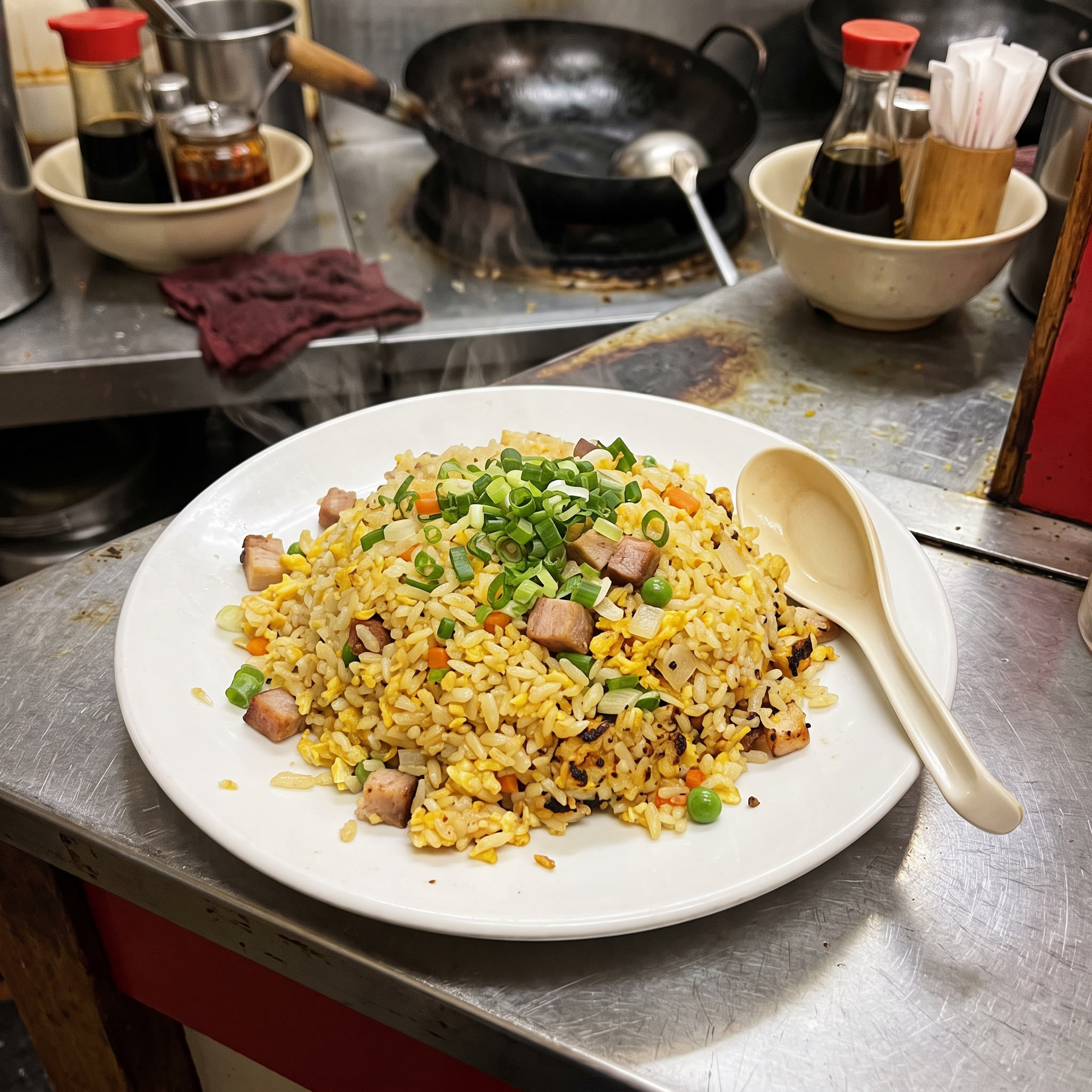 白い皿に盛られた、卵とチャーシューの炒飯。