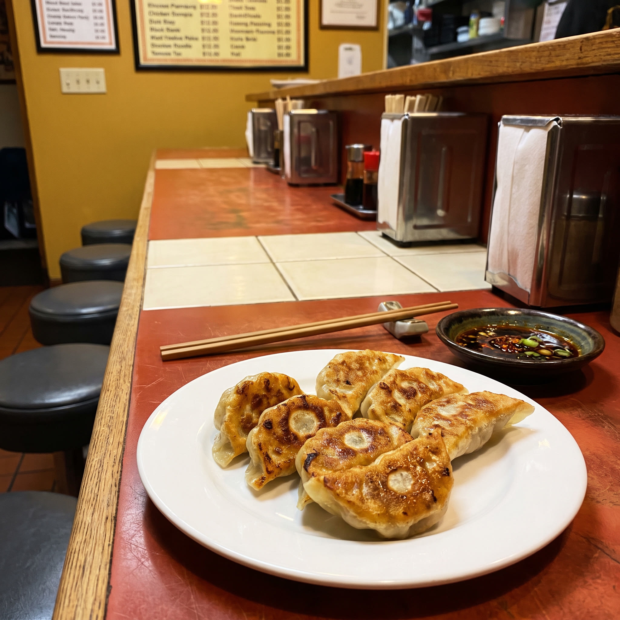 焦げ目の付いた焼き餃子と、タレ。