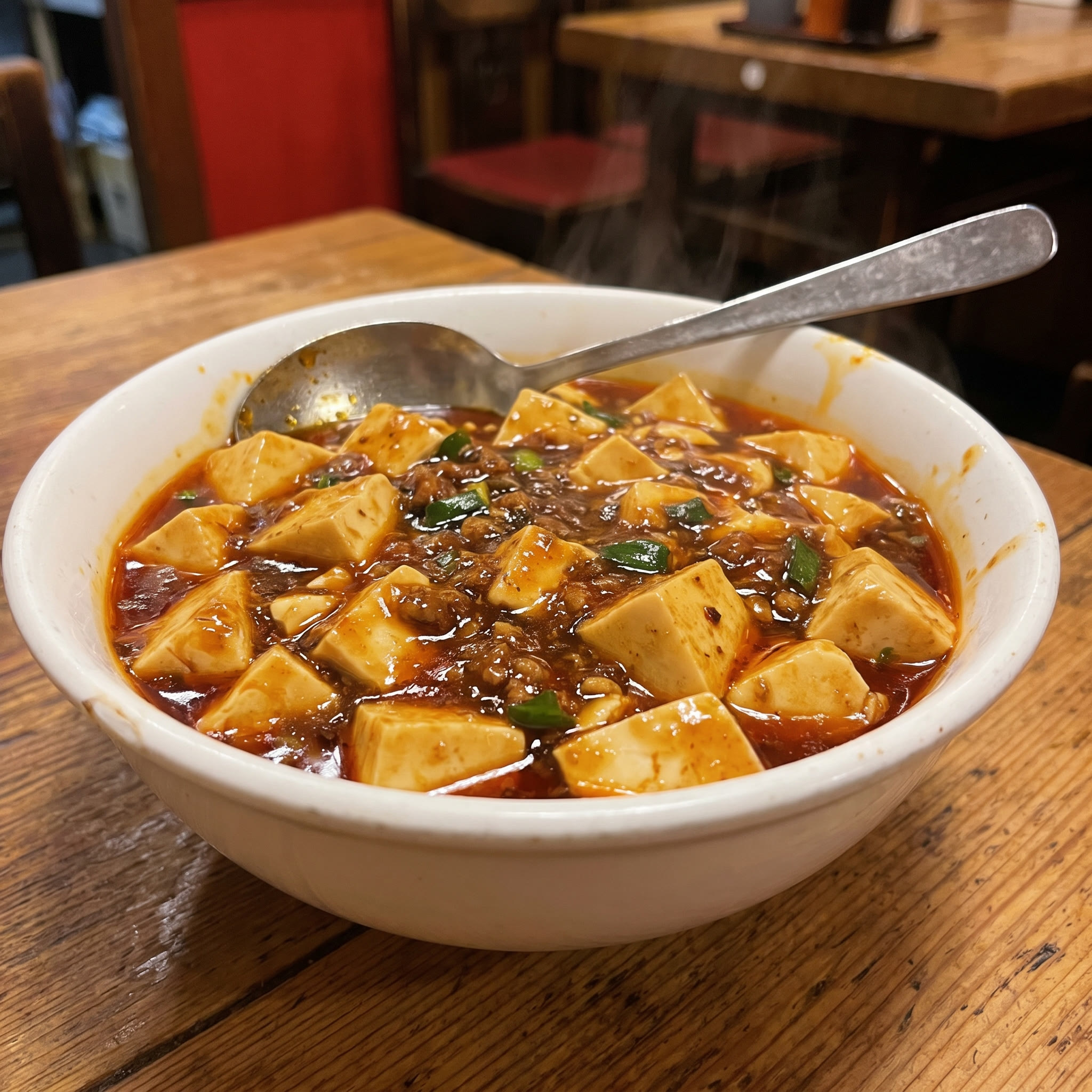 赤い麻婆豆腐の丼と、豆腐の角。