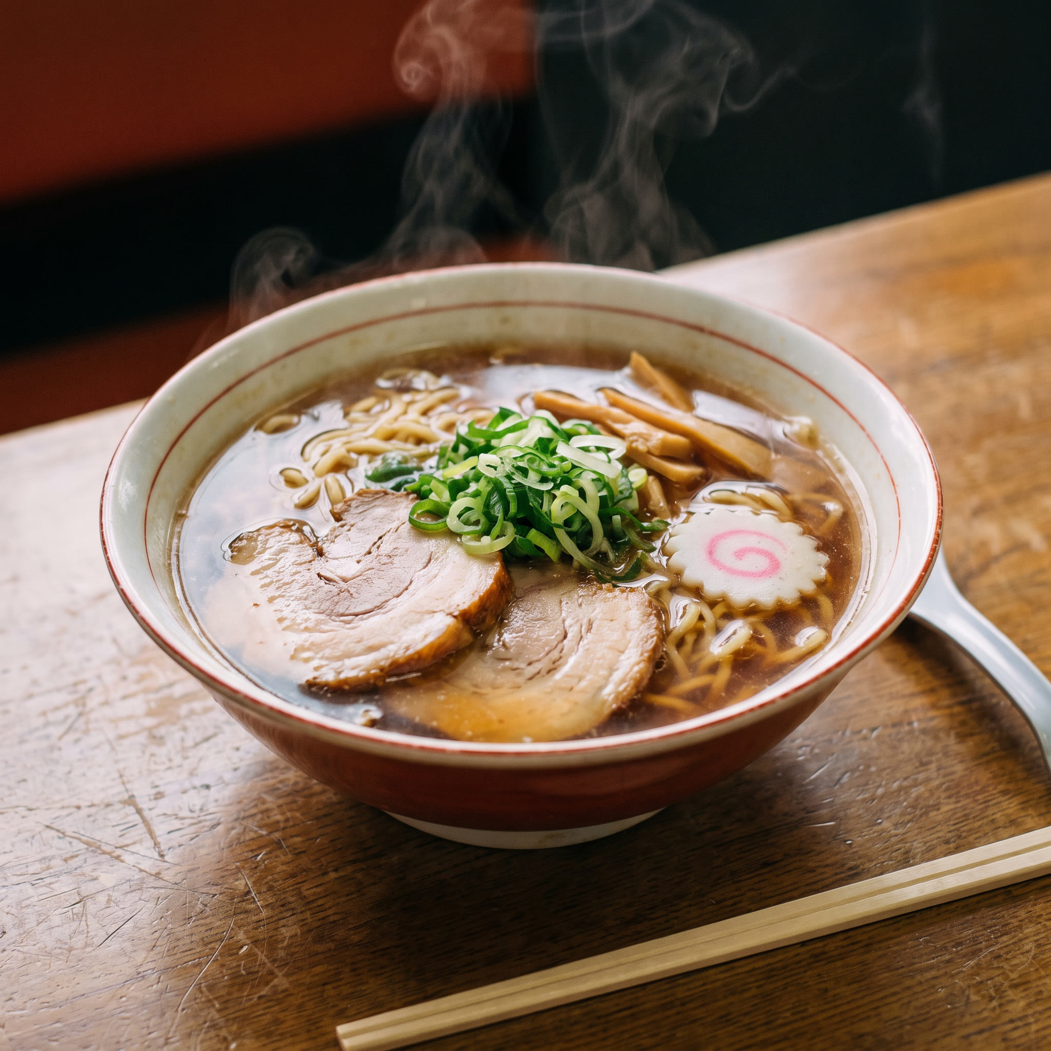 澄んだ醤油スープのラーメン。