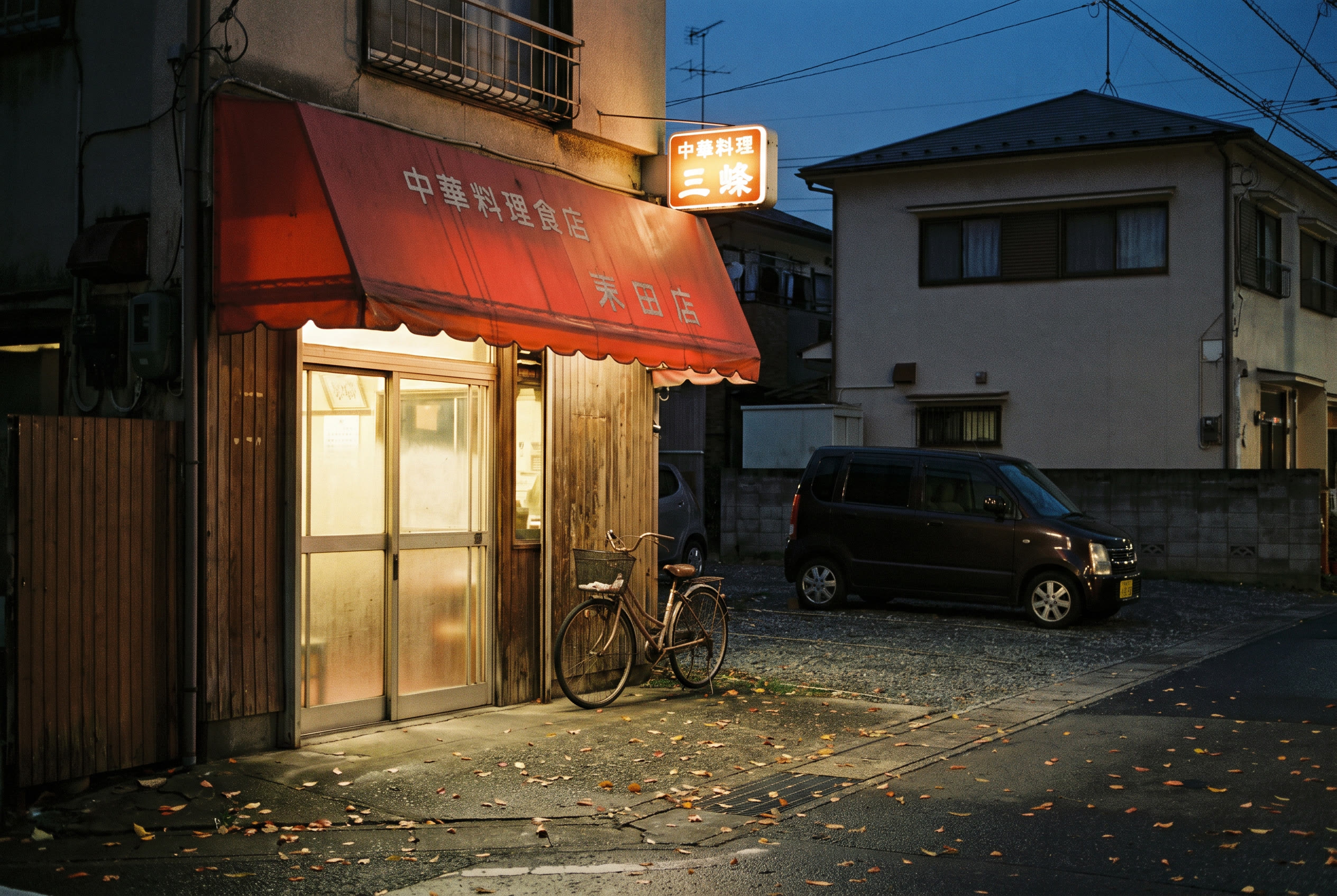夜の住宅街に、暖かく灯る香龍の看板。