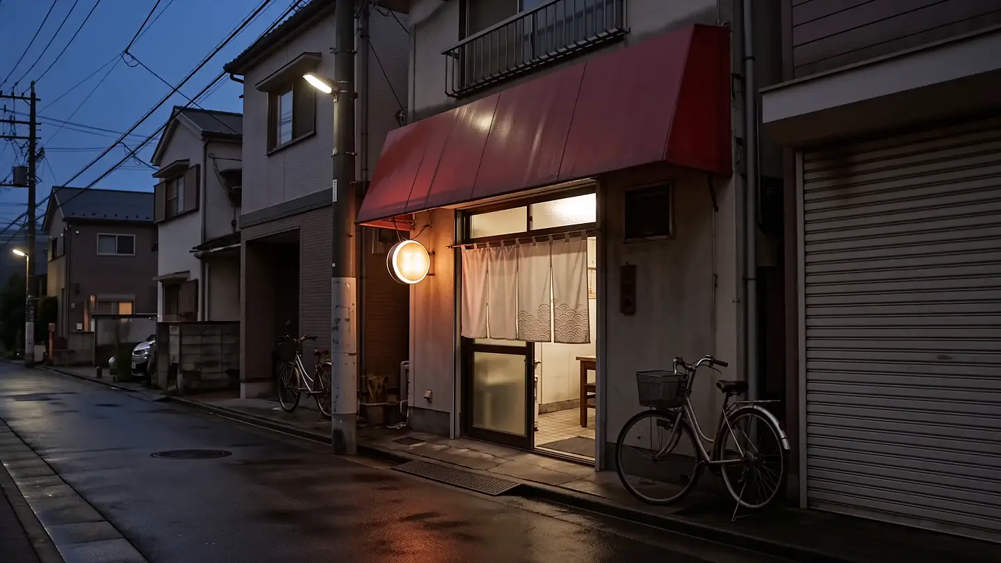 夕暮れの香龍の店先、赤いのれんと看板